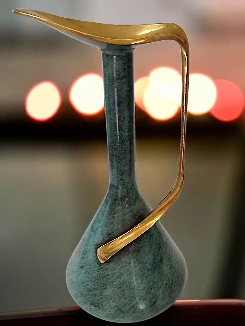 Vintage Pal Bell Brass Ewer Pitcher Israel Green Enamel MCM Modernist Freeform